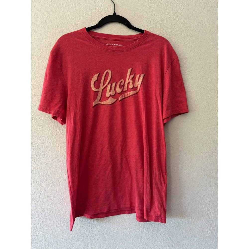 Lucky Brand Mens Short Sleeve T-shirt Red Large Faded Logo Y2K Graphic Tee